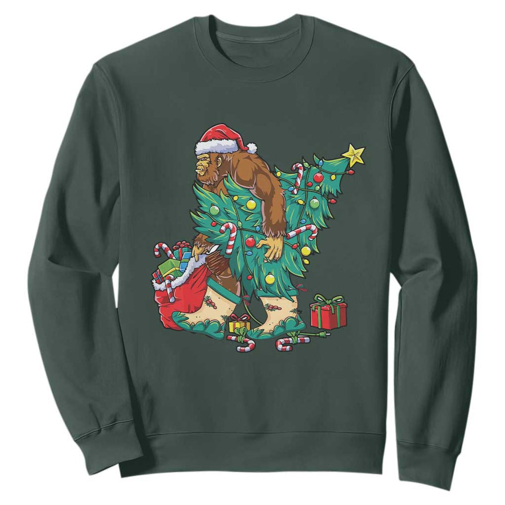 Funny Santa Bigfoot Christmas Tree Sweatshirt TS11 Dark Forest Green Print Your Wear