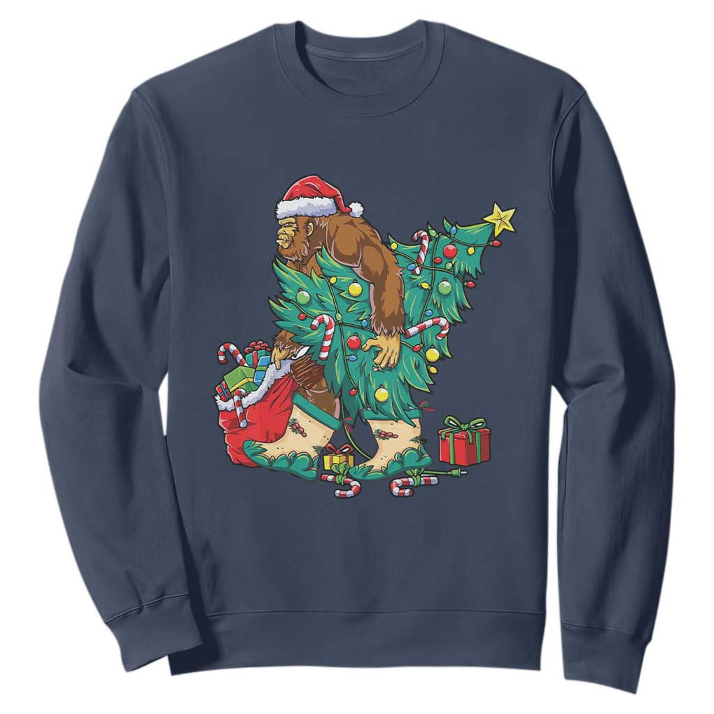 Funny Santa Bigfoot Christmas Tree Sweatshirt TS11 Navy Print Your Wear