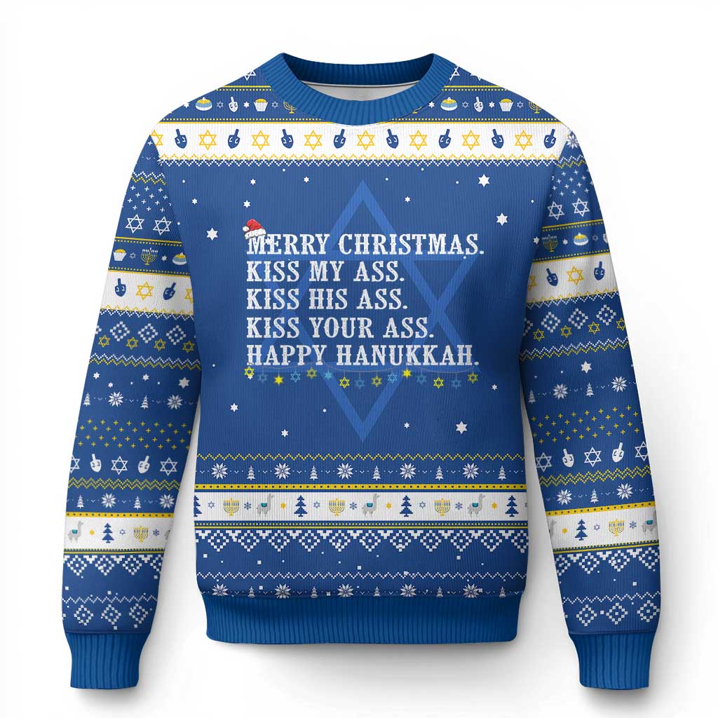 Funny Merry Christmas Kiss My His Your Ass Happy Hanukkah Ugly Sweater TS11 Blue White Print Your Wear