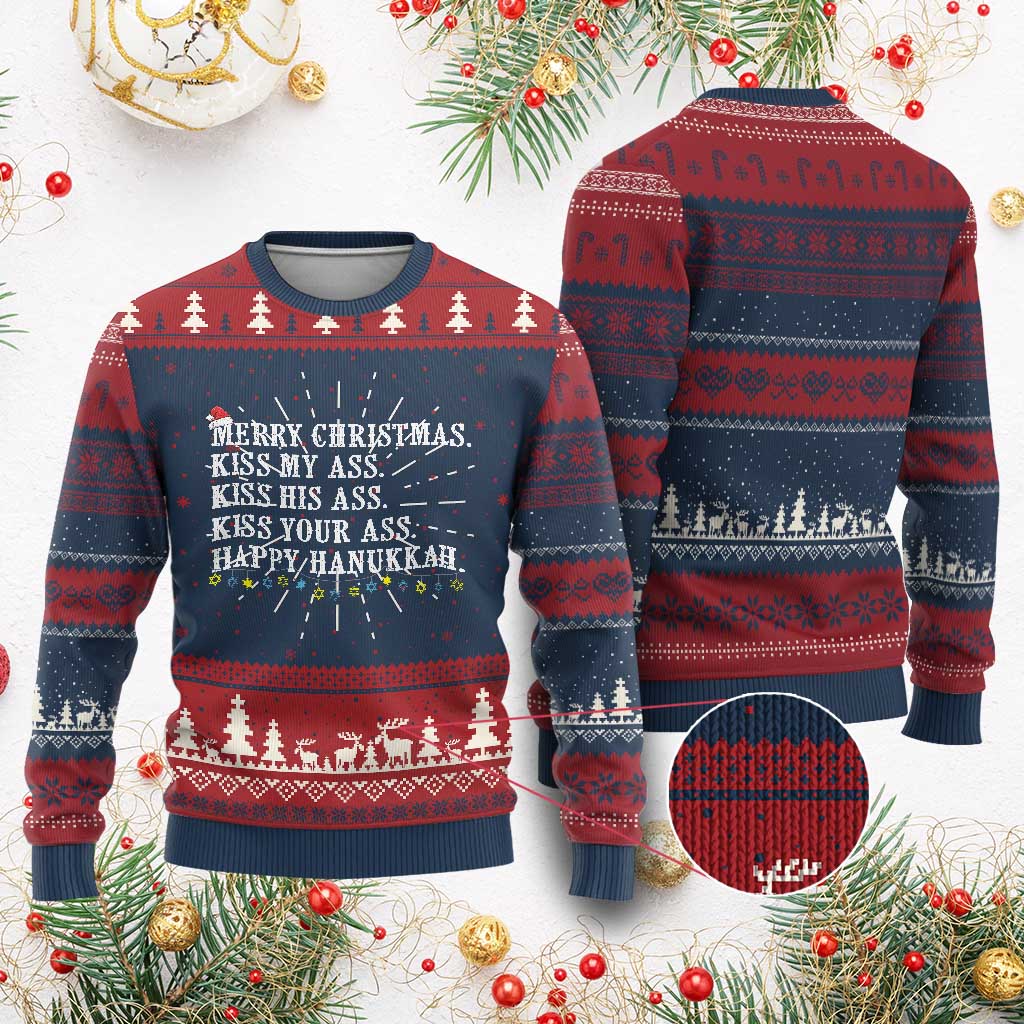 Funny Merry Xmas Kiss My His Your Ass Happy Hanukkah Ugly Christmas Sweater TS11 Burgundy Print Your Wear