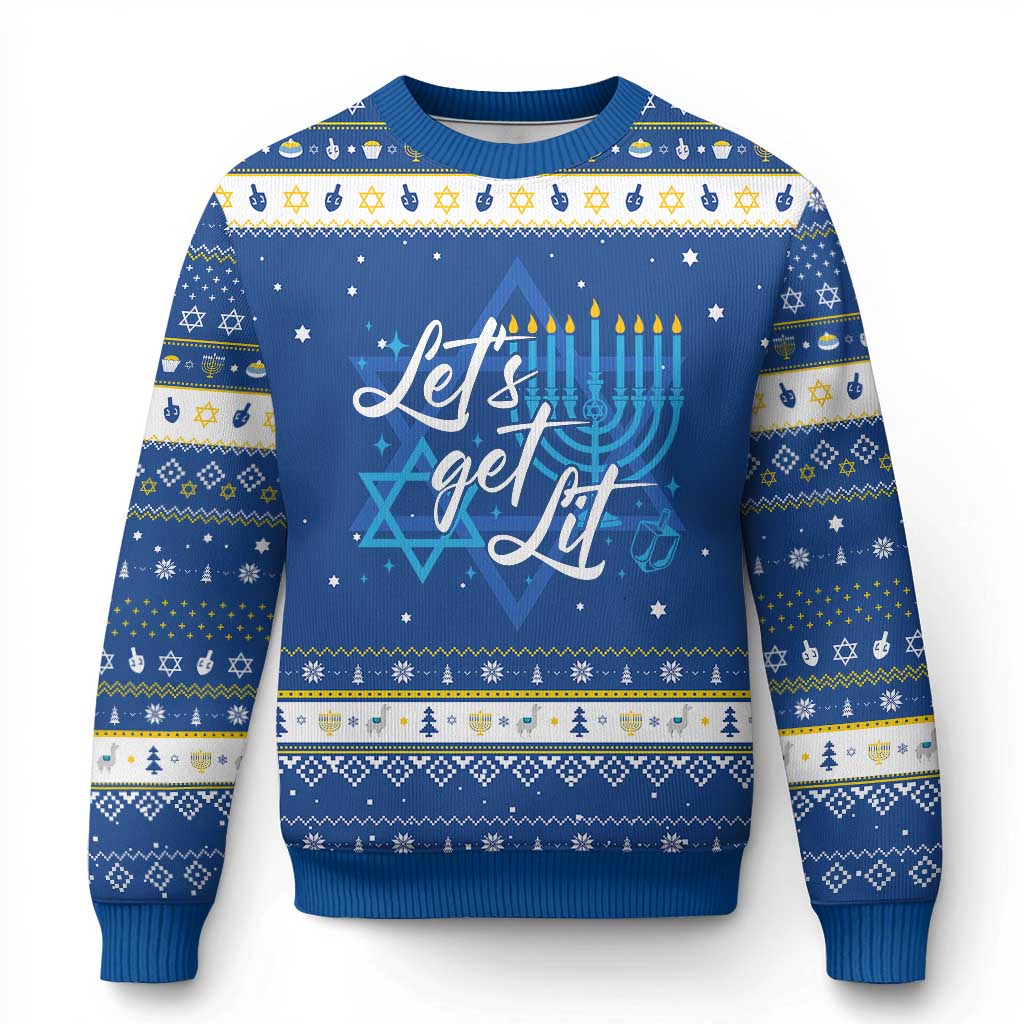Funny Chanukah Hanukkah Ugly Sweater Let's Get Lit Menorah David Star TS11 Blue White Print Your Wear