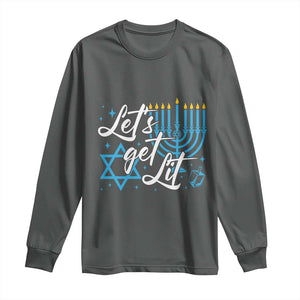 Funny Hanukkah Long Sleeve Shirt Let's Get Lit Menorah David Star TS11 Dark Heather Print Your Wear