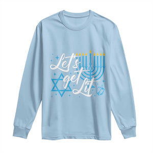 Funny Hanukkah Long Sleeve Shirt Let's Get Lit Menorah David Star TS11 Light Blue Print Your Wear