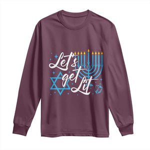 Funny Hanukkah Long Sleeve Shirt Let's Get Lit Menorah David Star TS11 Maroon Print Your Wear