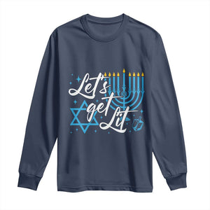 Funny Hanukkah Long Sleeve Shirt Let's Get Lit Menorah David Star TS11 Navy Print Your Wear