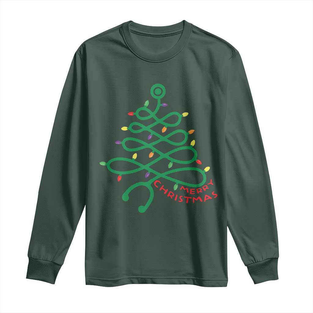 Funny Merry Christmas Nurse Long Sleeve Shirt Stethoscope Xmas Tree TS11 Dark Forest Green Print Your Wear