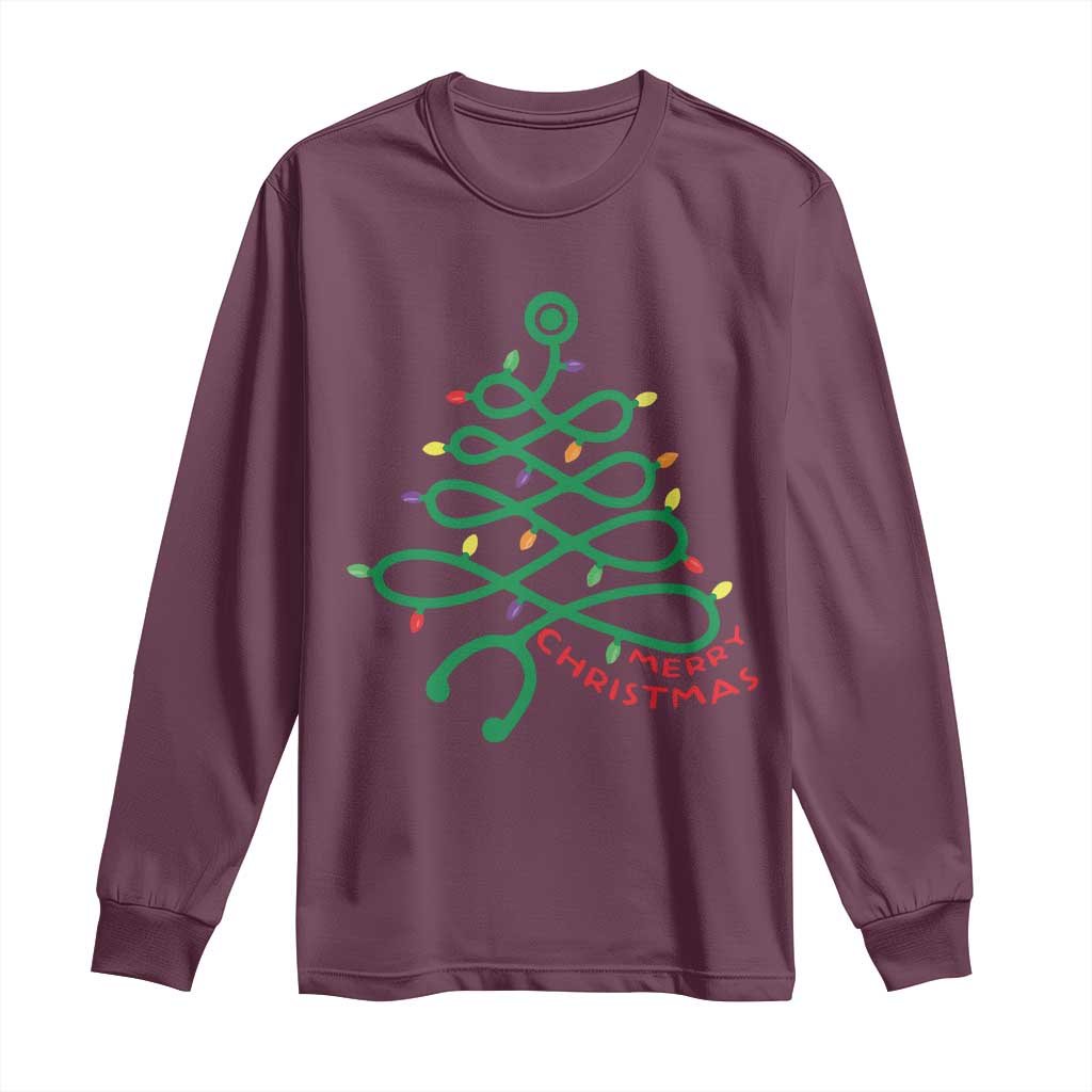 Funny Merry Christmas Nurse Long Sleeve Shirt Stethoscope Xmas Tree TS11 Maroon Print Your Wear