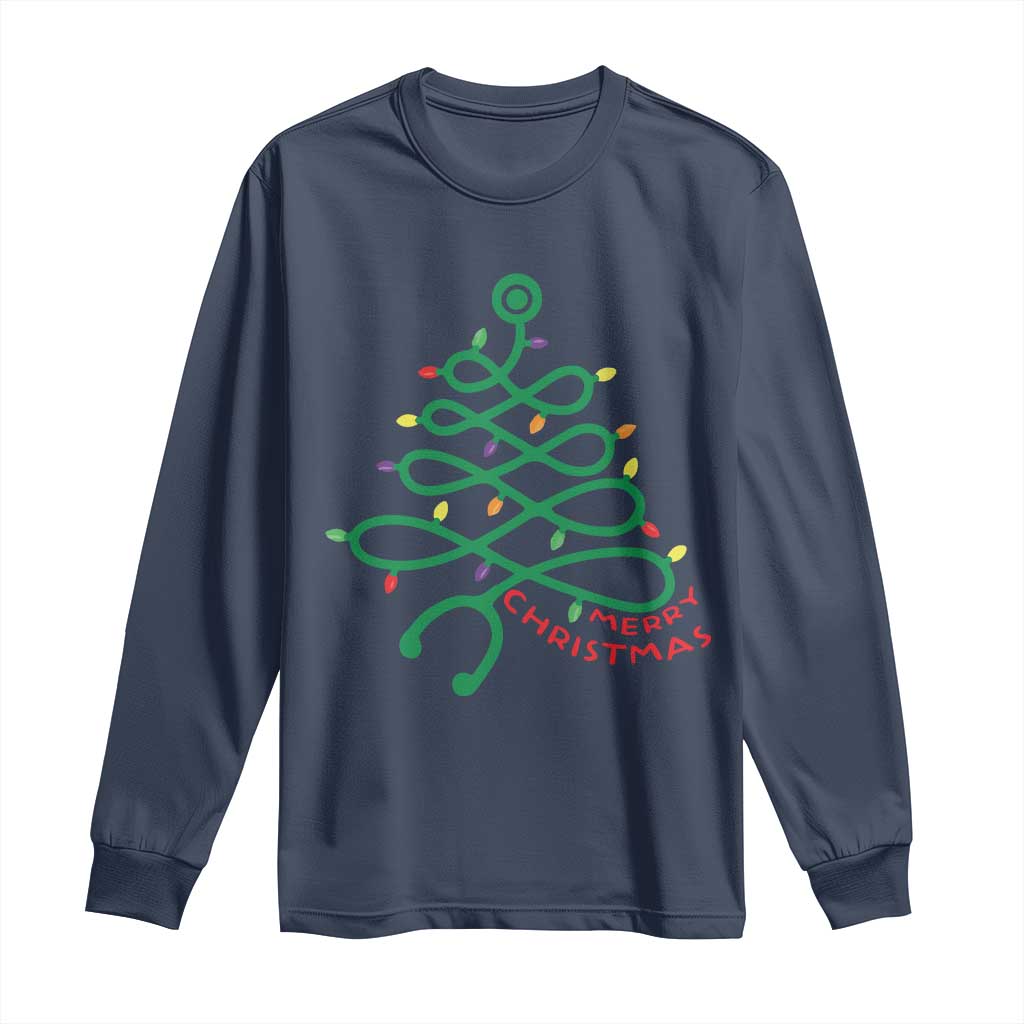 Funny Merry Christmas Nurse Long Sleeve Shirt Stethoscope Xmas Tree TS11 Navy Print Your Wear