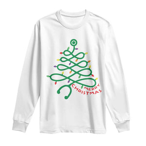 Funny Merry Christmas Nurse Long Sleeve Shirt Stethoscope Xmas Tree TS11 White Print Your Wear