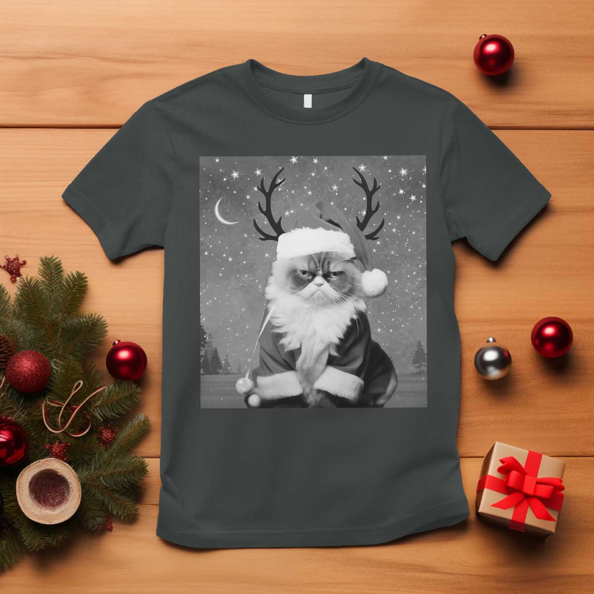 Funny Christmas Santa Grumpy Cat T Shirt TS11 Dark Heather Print Your Wear