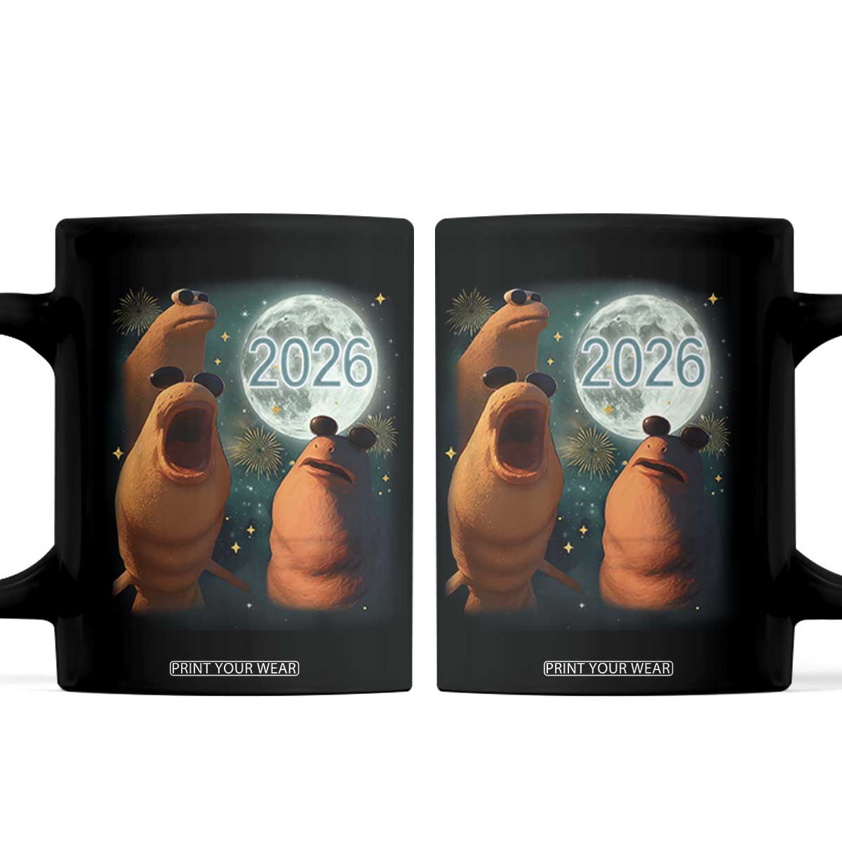 Funny Marcus The Worm New Year Coffee Mug Happy New Year 2026 Moon NYE Party TS11 Black Print Your Wear