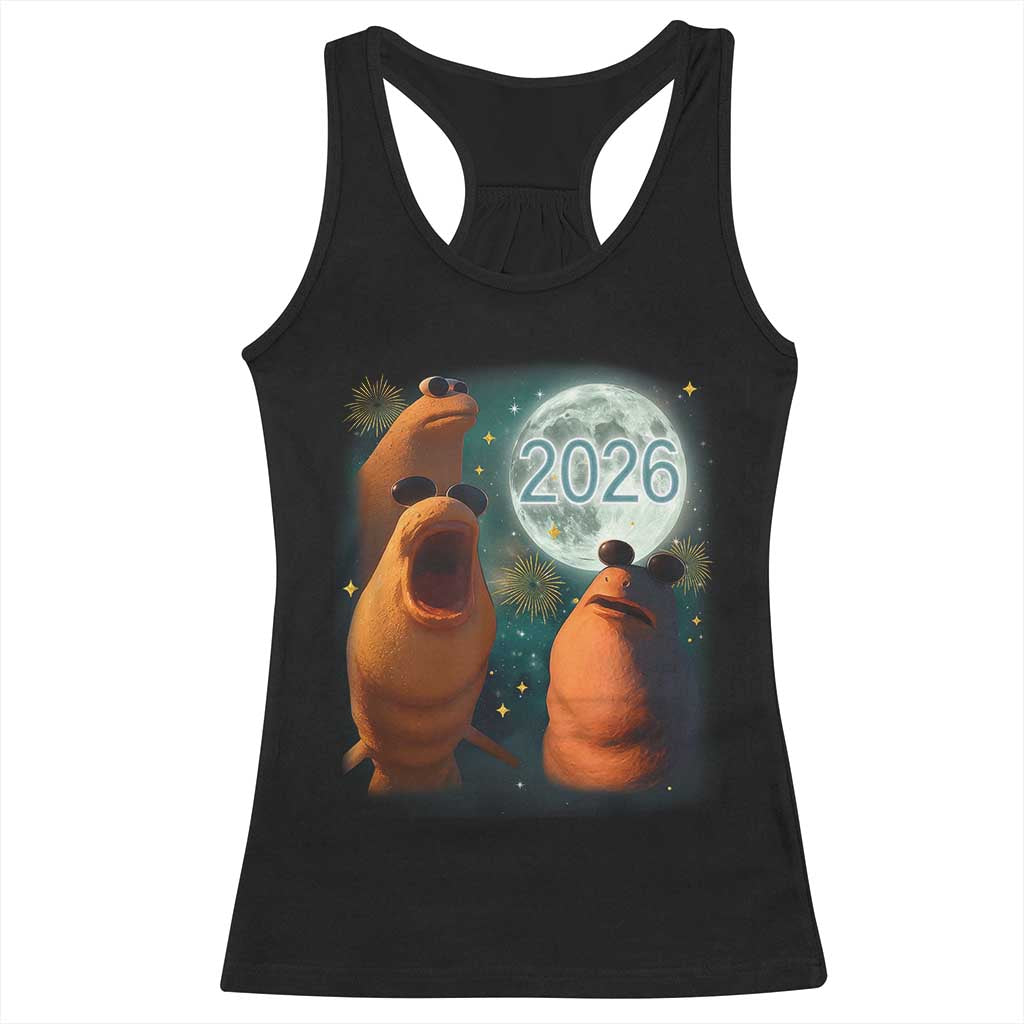 Funny Marcus The Worm New Year Racerback Tank Top Happy New Year 2026 Moon NYE Party TS11 Black Print Your Wear