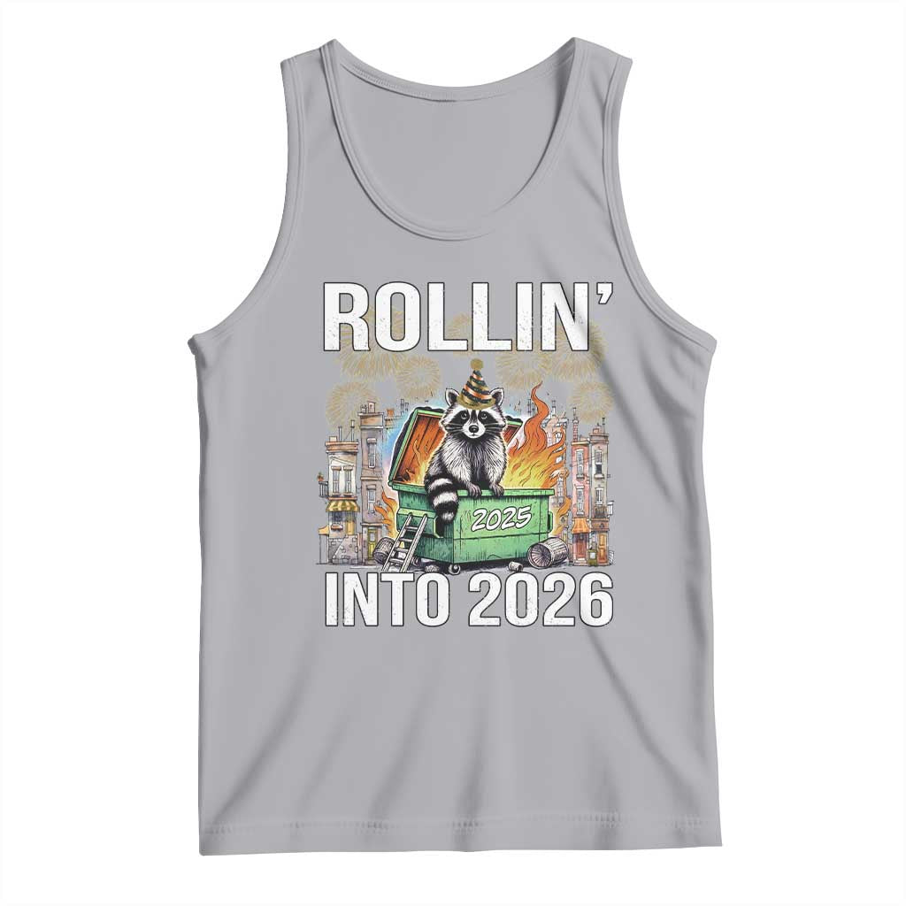 Funny Raccoon Rollin Into 2026 Tank Top Happy New Year Dumpster Fire TS11 Athletic Heather Print Your Wear