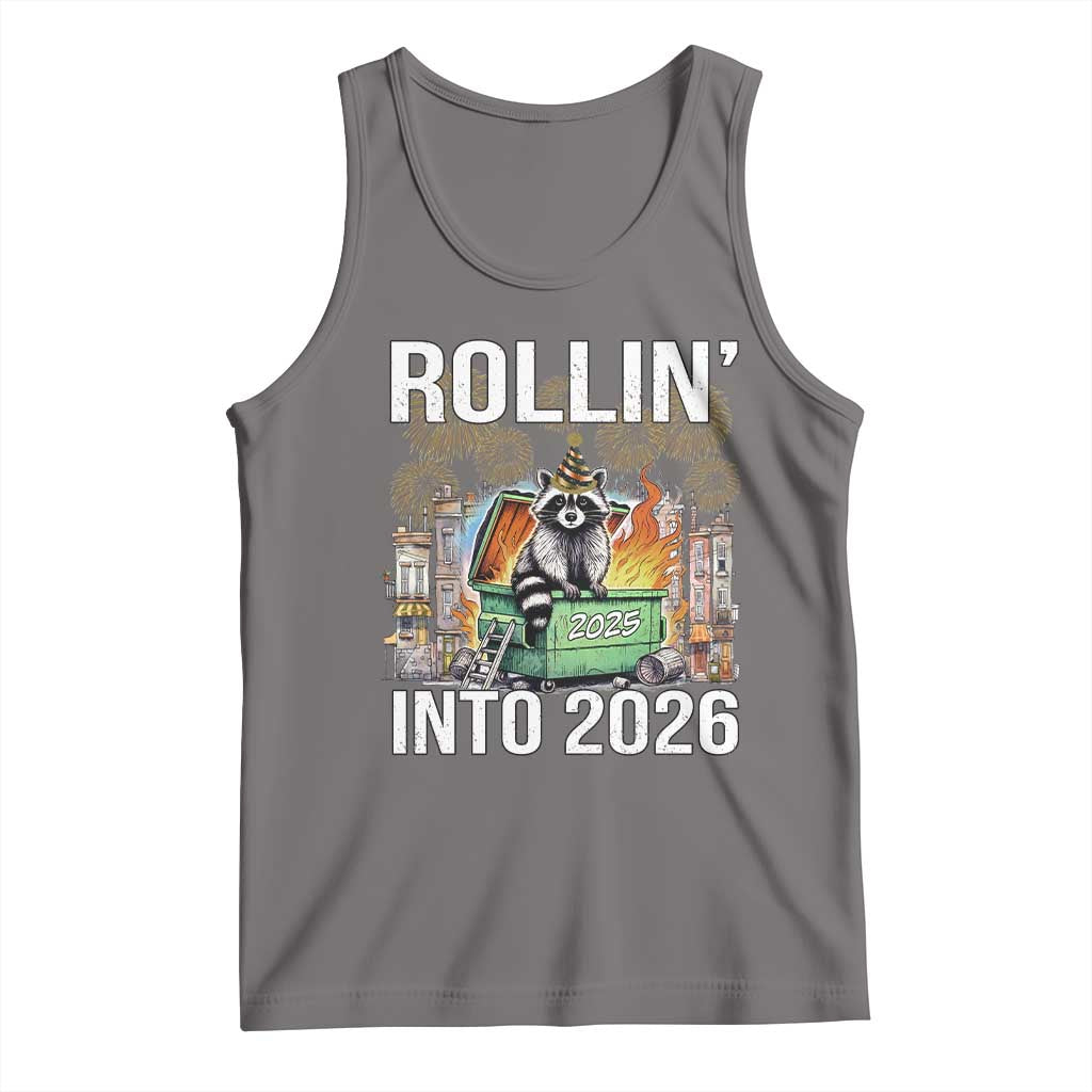 Funny Raccoon Rollin Into 2026 Tank Top Happy New Year Dumpster Fire TS11 Deep Heather Print Your Wear