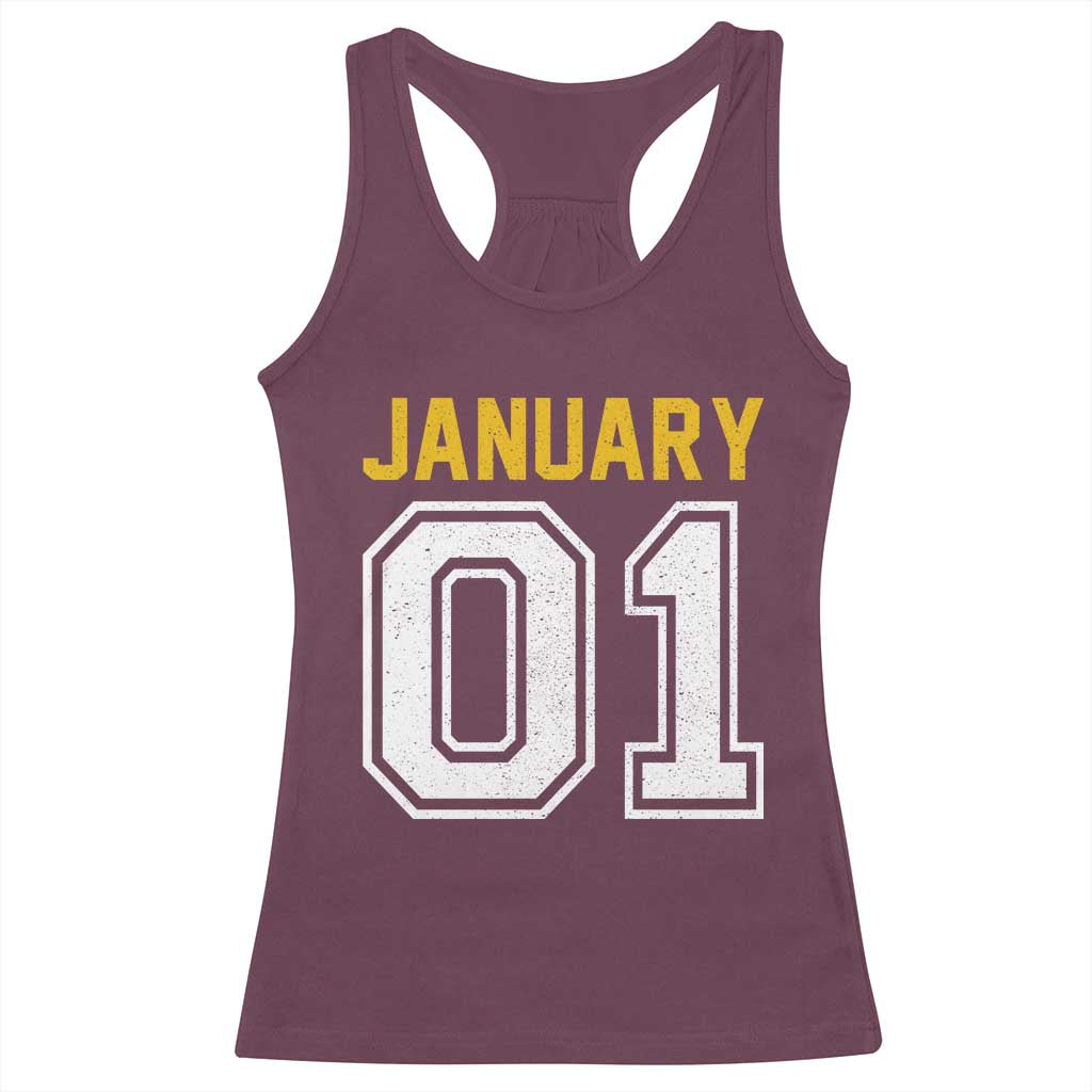 Funny January 01 New Years Eve Party Racerback Tank Top TS11 Maroon Print Your Wear