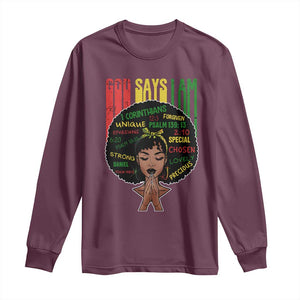 Proud Black African American Long Sleeve Shirt God Says I Am Black History Month Afro Girl TS11 Maroon Print Your Wear