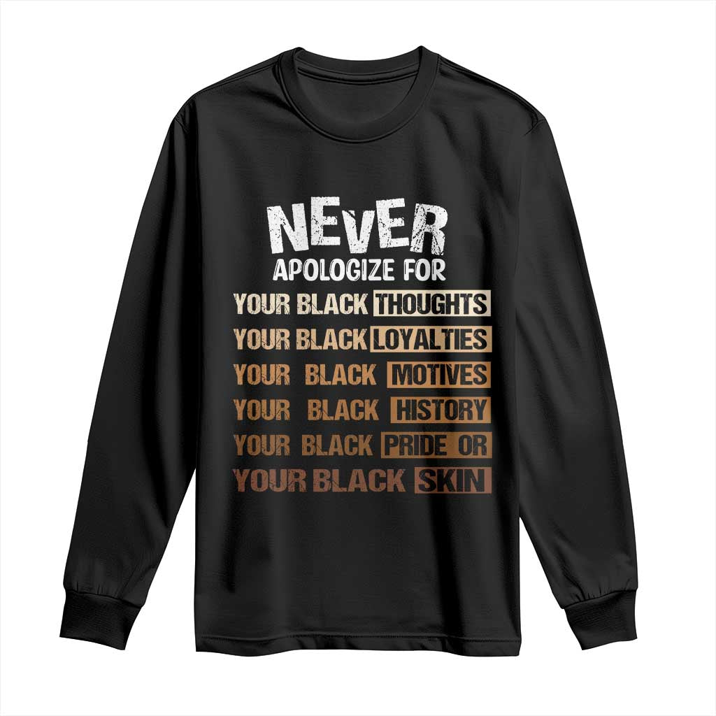 Never Apologize For Your Black Thoughts Loyalties Motives History Pride Or Skin Long Sleeve Shirt African American Black History Month TS11 Black Print Your Wear