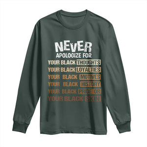 Never Apologize For Your Black Thoughts Loyalties Motives History Pride Or Skin Long Sleeve Shirt African American Black History Month TS11 Dark Forest Green Print Your Wear