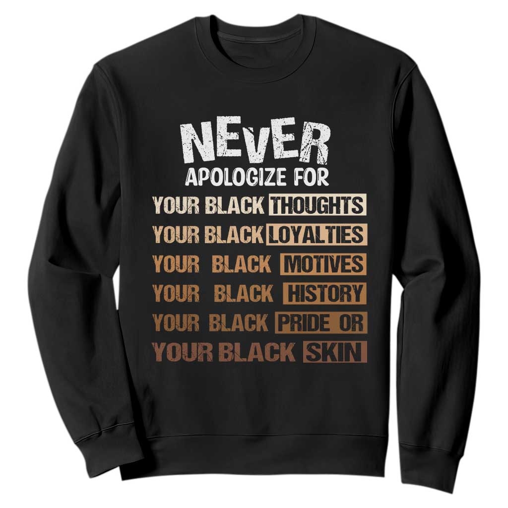 Never Apologize For Your Black Thoughts Loyalties Motives History Pride Or Skin Sweatshirt African American Black History Month