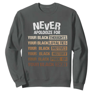 Never Apologize For Your Black Thoughts Loyalties Motives History Pride Or Skin Sweatshirt African American Black History Month TS11 Dark Heather Print Your Wear