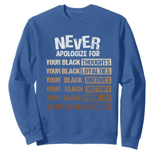 Never Apologize For Your Black Thoughts Loyalties Motives History Pride Or Skin Sweatshirt African American Black History Month TS11 Royal Blue Print Your Wear