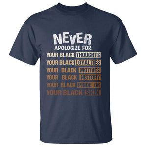 Never Apologize For Your Black Thoughts Loyalties Motives History Pride Or Skin T Shirt African American Black History Month TS11 Navy Print Your Wear