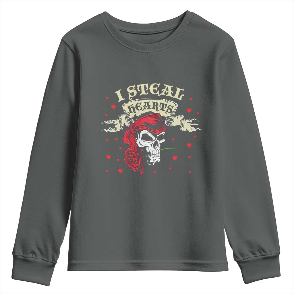 Funny Valentine's Day Pirate Youth Sweatshirt I Steal Hearts Rose TS11 Dark Heather Print Your Wear