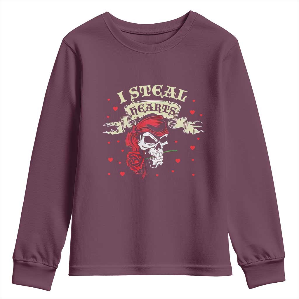 Funny Valentine's Day Pirate Youth Sweatshirt I Steal Hearts Rose TS11 Maroon Print Your Wear