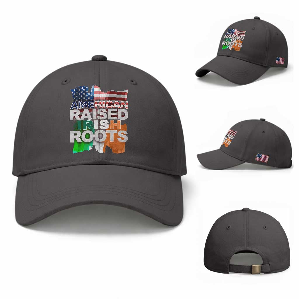 Irish American Baseball Cap American Raised Irish Roots St Patrick's Day TS11 Baseball Cap Universal Fit Dark Gray Print Your Wear