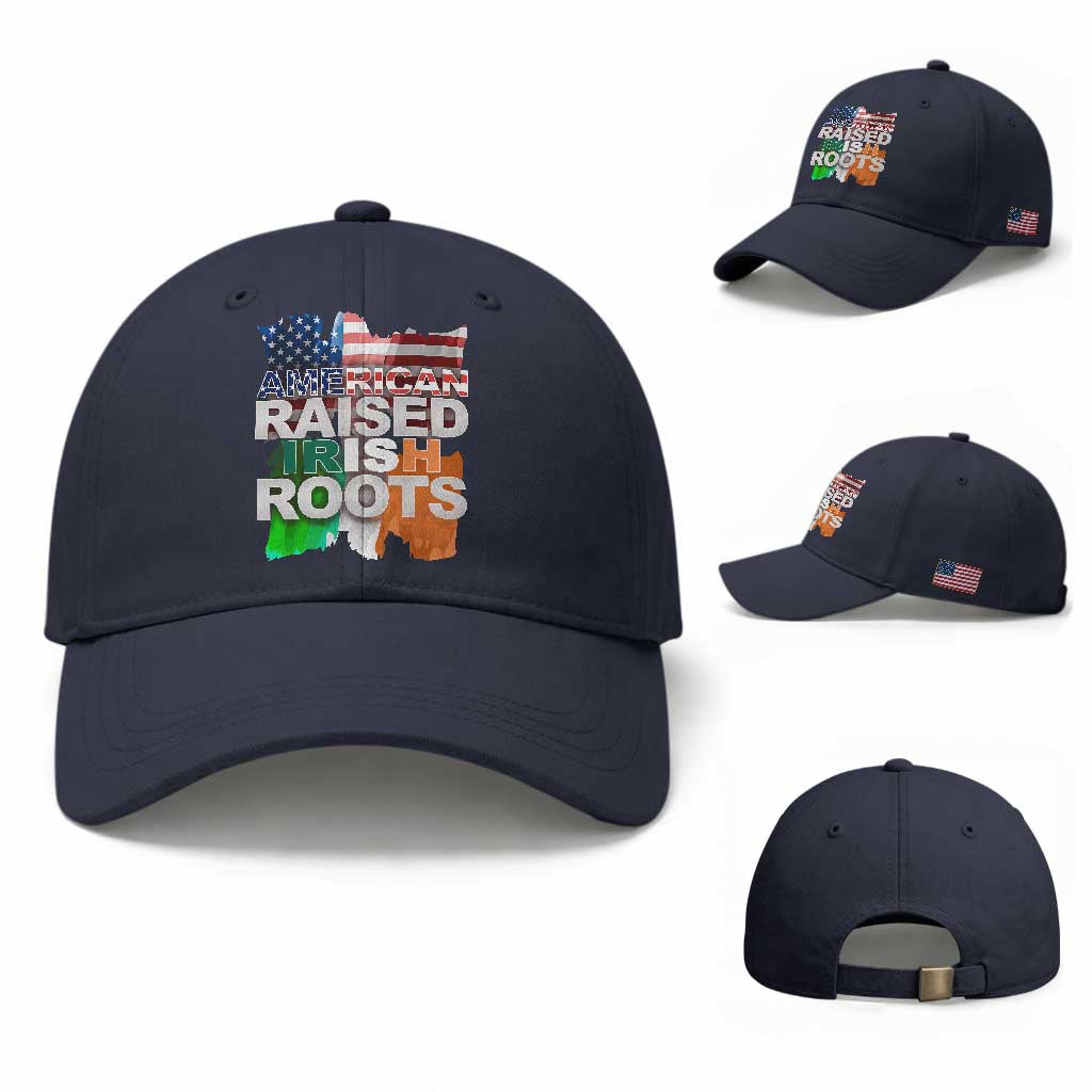 Irish American Baseball Cap American Raised Irish Roots St Patrick's Day TS11 Baseball Cap Universal Fit Navy Print Your Wear