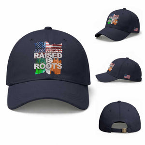 Irish American Baseball Cap American Raised Irish Roots St Patrick's Day TS11 Baseball Cap Universal Fit Navy Print Your Wear