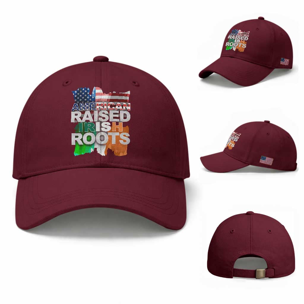 Irish American Baseball Cap American Raised Irish Roots St Patrick's Day TS11 Baseball Cap Universal Fit Maroon Print Your Wear