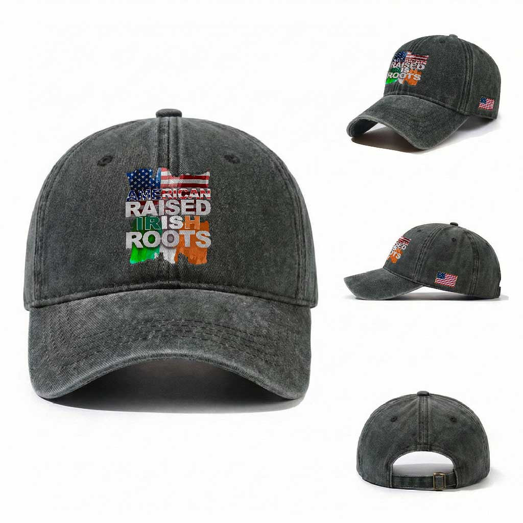 Irish American Washed Cotton Baseball Cap American Raised Irish Roots St Patrick's Day TS11 Washed Cap Universal Fit Dark Green Print Your Wear