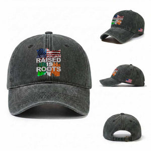 Irish American Washed Cotton Baseball Cap American Raised Irish Roots St Patrick's Day TS11 Washed Cap Universal Fit Dark Green Print Your Wear