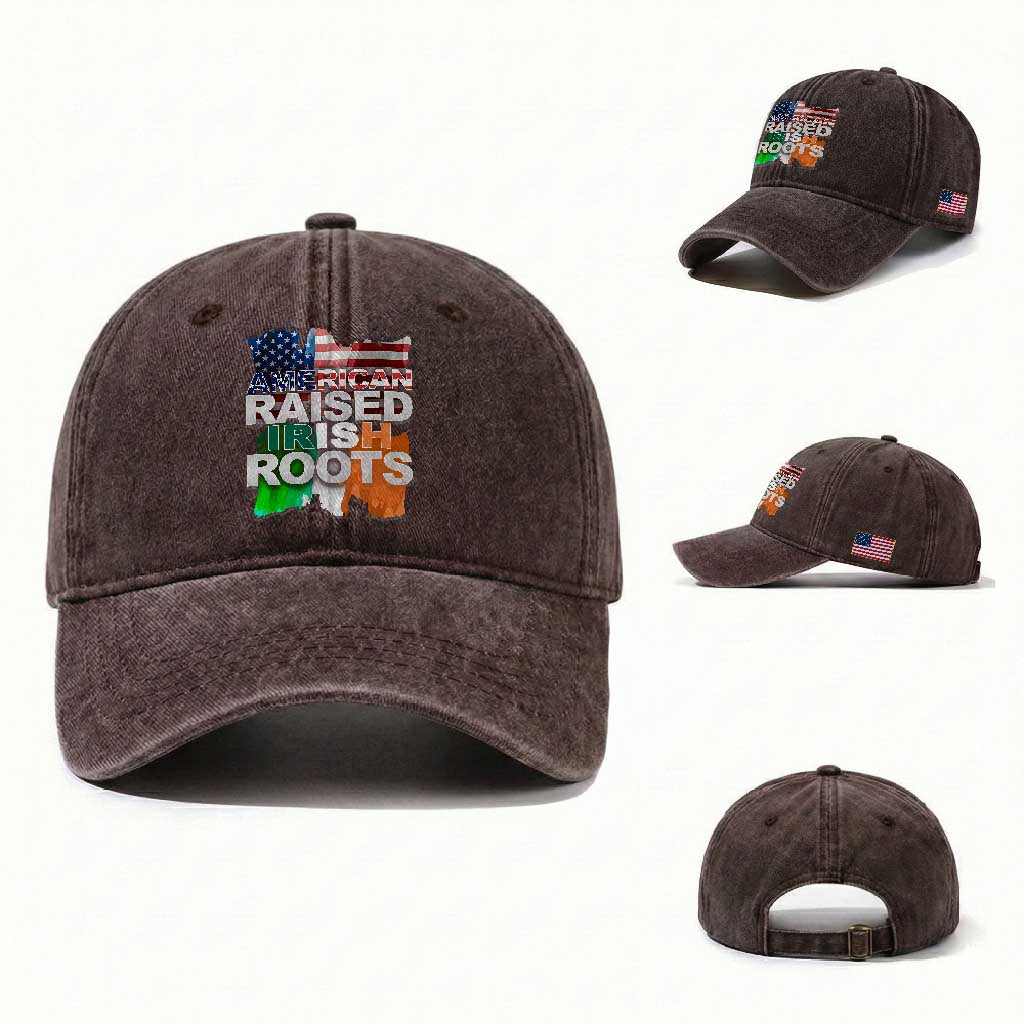 Irish American Washed Cotton Baseball Cap American Raised Irish Roots St Patrick's Day TS11 Washed Cap Universal Fit Dark Brown Print Your Wear