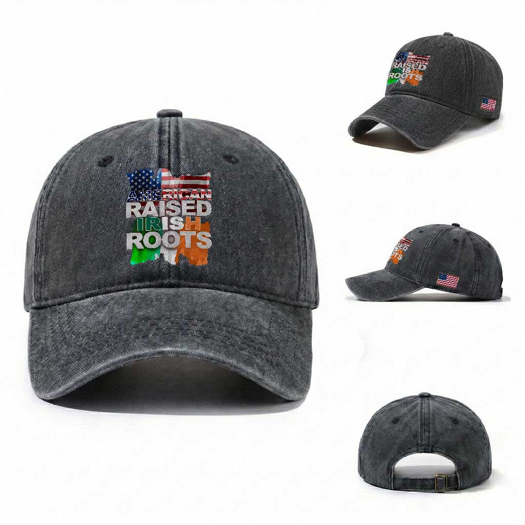 Irish American Washed Cotton Baseball Cap American Raised Irish Roots St Patrick's Day TS11 Washed Cap Universal Fit Dark Gray Print Your Wear