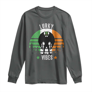 Funny St Patrick's Day Mothman Long Sleeve Shirt Lurky Vibes Shamrock Retro Ireland Flag TS11 Dark Heather Print Your Wear