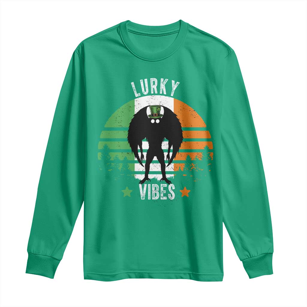 Funny St Patrick's Day Mothman Long Sleeve Shirt Lurky Vibes Shamrock Retro Ireland Flag TS11 Irish Green Print Your Wear