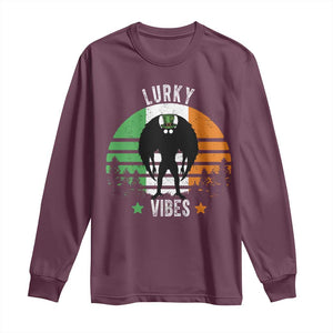 Funny St Patrick's Day Mothman Long Sleeve Shirt Lurky Vibes Shamrock Retro Ireland Flag TS11 Maroon Print Your Wear