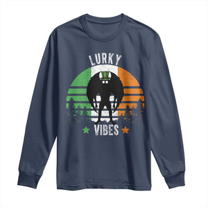 Funny St Patrick's Day Mothman Long Sleeve Shirt Lurky Vibes Shamrock Retro Ireland Flag TS11 Navy Print Your Wear