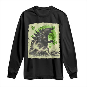 Funny St Patrick's Day Japanese Giant Monster Long Sleeve Shirt Vintage Shamrock Tsunami TS11 Black Print Your Wear