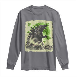 Funny St Patrick's Day Japanese Giant Monster Long Sleeve Shirt Vintage Shamrock Tsunami TS11 Charcoal Print Your Wear