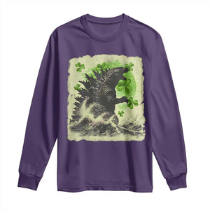 Funny St Patrick's Day Japanese Giant Monster Long Sleeve Shirt Vintage Shamrock Tsunami TS11 Purple Print Your Wear