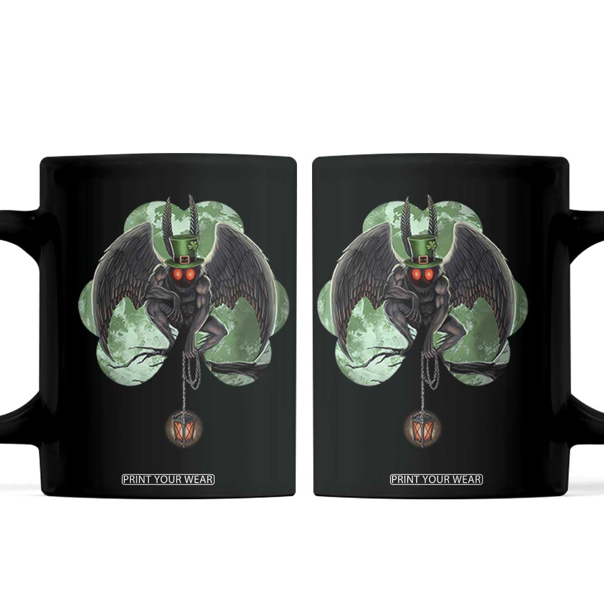 Funny St Patrick's Day Mothman Cryptid Creature Shamrock Coffee Mug TS11 Black Print Your Wear