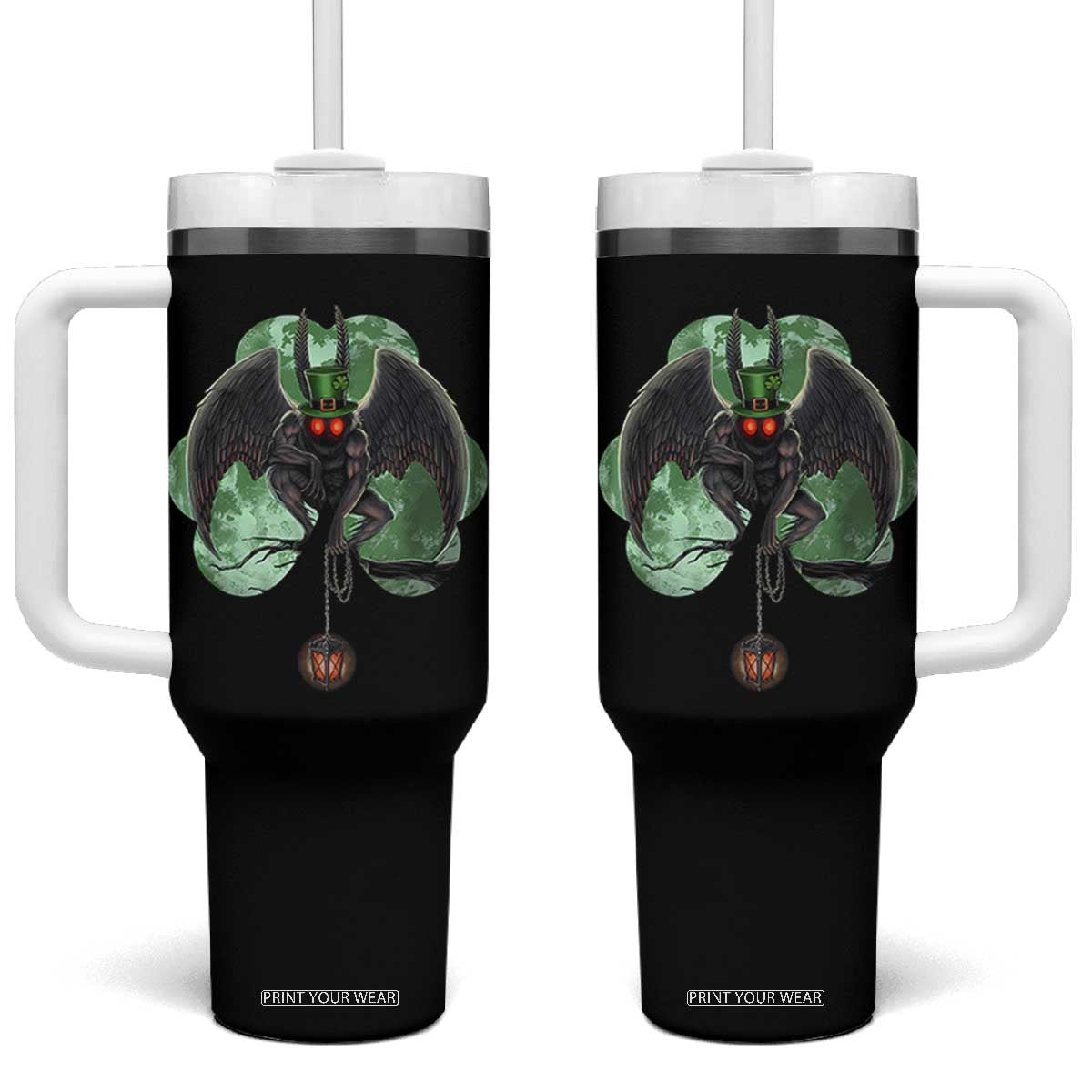 Funny St Patrick's Day Mothman Cryptid Creature Shamrock Tumbler With Handle TS11 One Size: 40 oz Black Print Your Wear