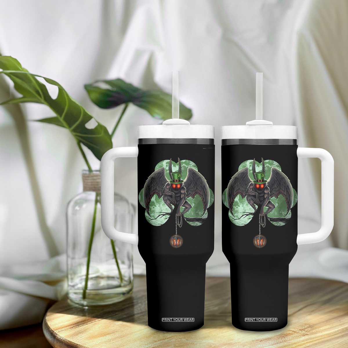 Funny St Patrick's Day Mothman Cryptid Creature Shamrock Tumbler With Handle TS11 Print Your Wear