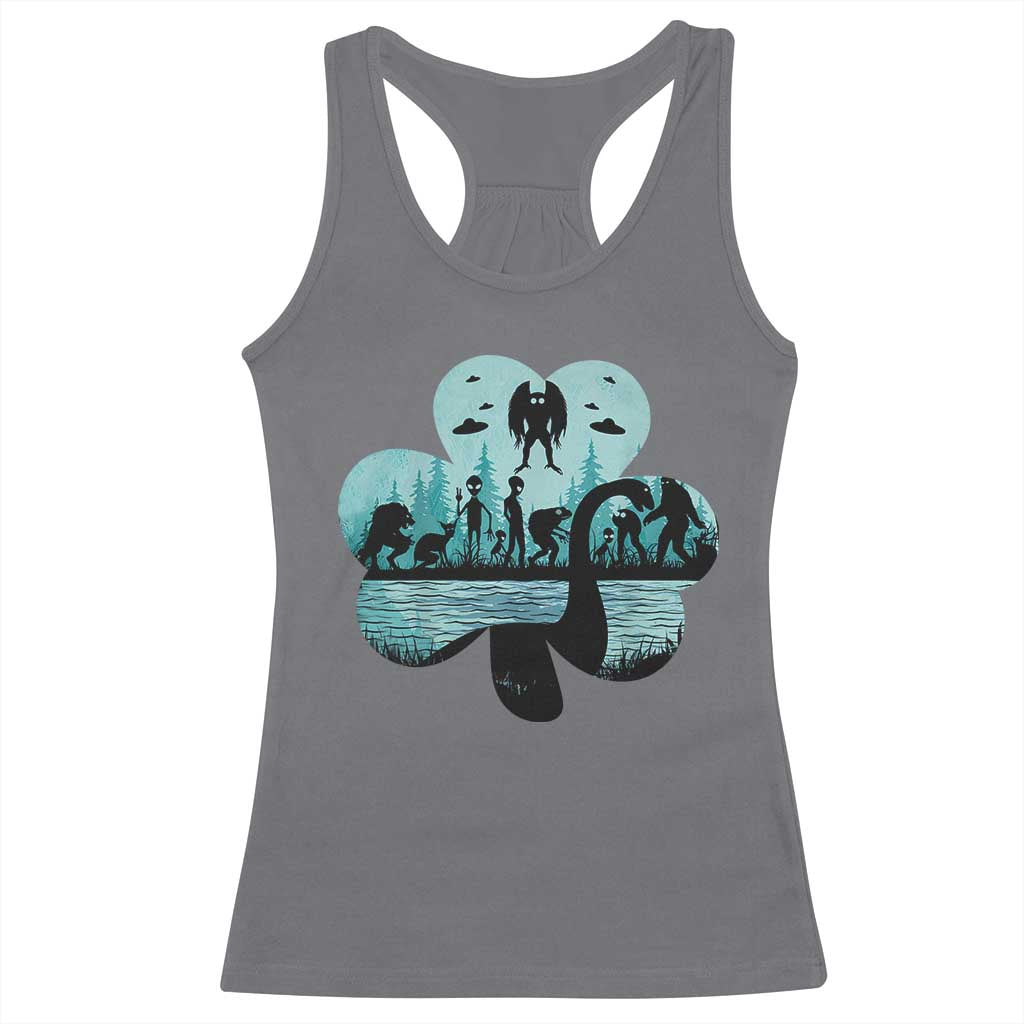 Funny Cryptid St Patrick's Day Racerback Tank Top Bigfoot Mothman Aliens Shamrock TS11 Charcoal Print Your Wear