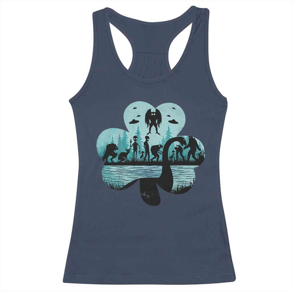 Funny Cryptid St Patrick's Day Racerback Tank Top Bigfoot Mothman Aliens Shamrock TS11 Navy Print Your Wear