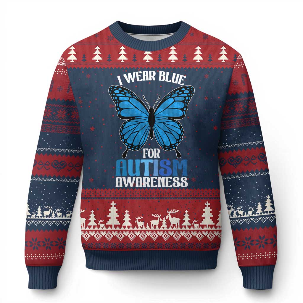 I Wear Blue For Autism Awareness Ugly Christmas Sweater Blue Butterfly Puzzle Pieces TS11 Navy Red Print Your Wear