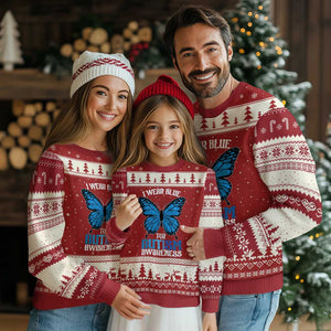 I Wear Blue For Autism Awareness Ugly Christmas Sweater Blue Butterfly Puzzle Pieces TS11 Red Beige Print Your Wear